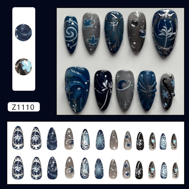 CJDLTS Dark Black Medium Almond Shaped Silver Stripe with Starry Sky Bubble Design Stick on Nails Full Cover Reusable Coffin Press on Nails Artificial Acrylic Fingernails for Women Manicure 24Pcs - Image 3